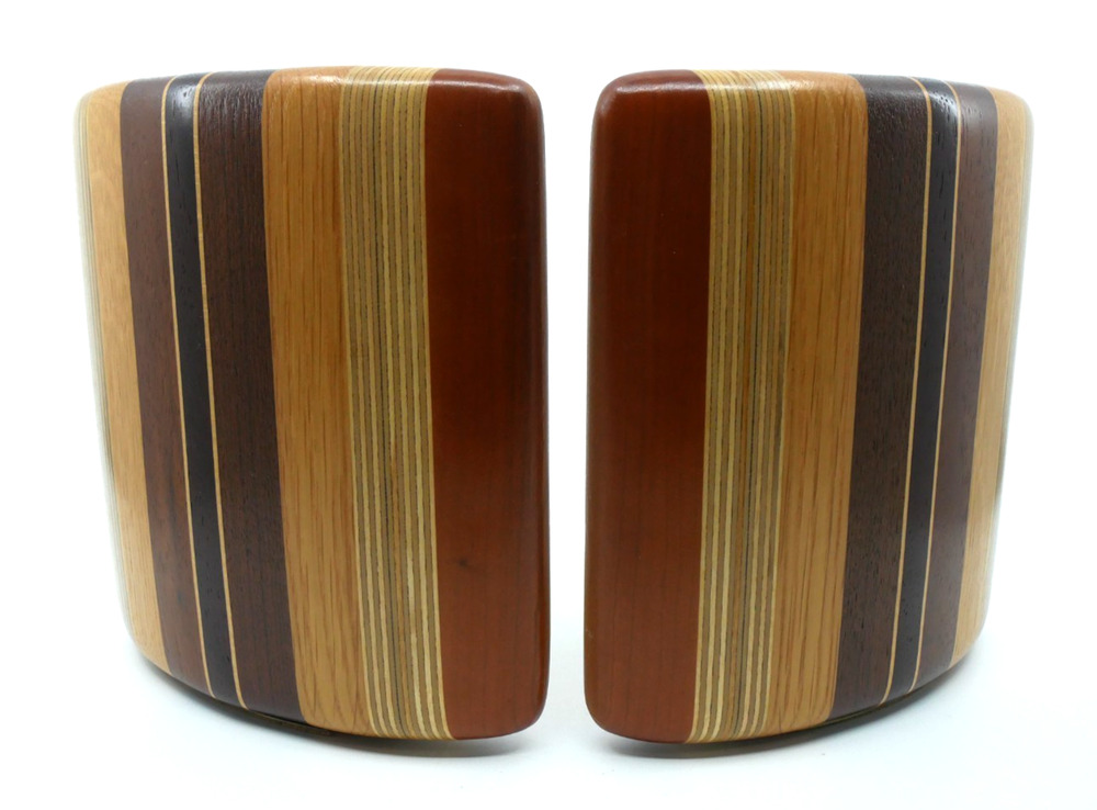 MID CENTURY DANISH MODERN STUDIO MIXED WOOD BOOKENDS WITH CORK BOTTOM